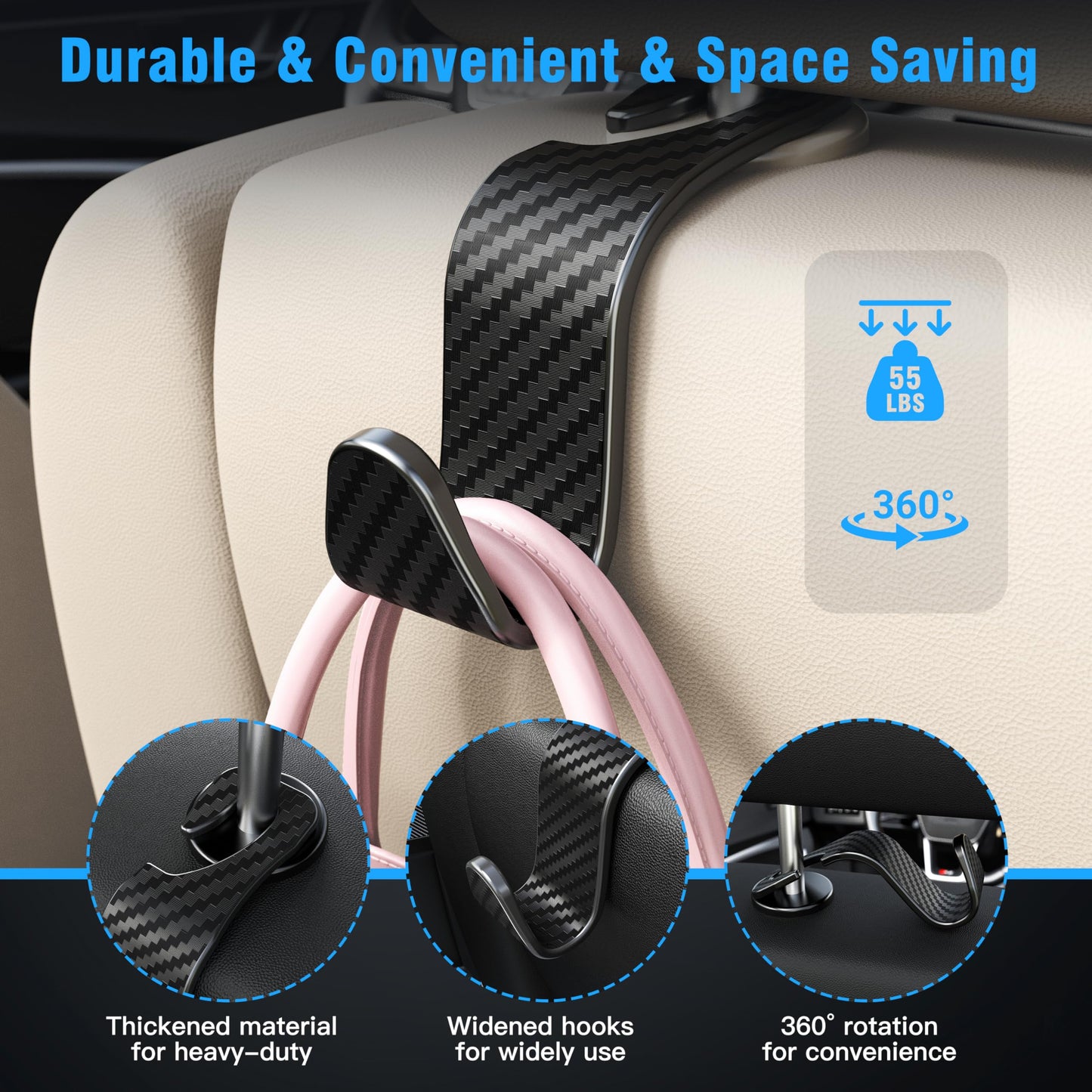 Amooca Vehicle Headrest Storage Hooks for Bags & Groceries